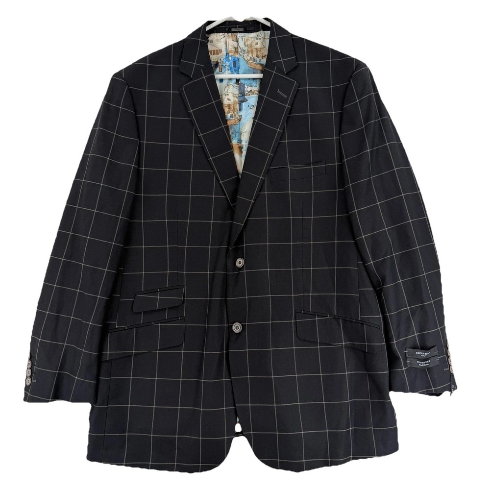Statement Blazer Mens 44R Black Wool Windowpane Check Super 150s Jacket Italy‎